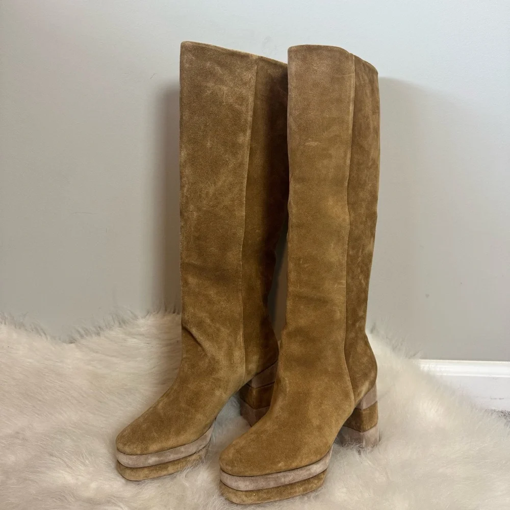 Tory Burch Stacked Platform Suede Kee High Camel Boots